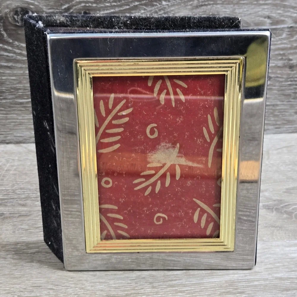 Vintage Miniature Photo Album Brassy Gold and Chrome Picture Frame Velvet Book